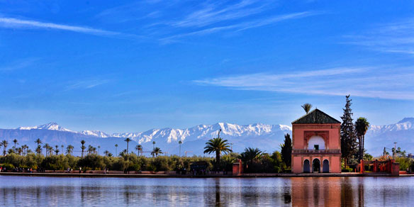 Menara Garden with High Atlas Mountain backdrop, Marrakesh, Morocco