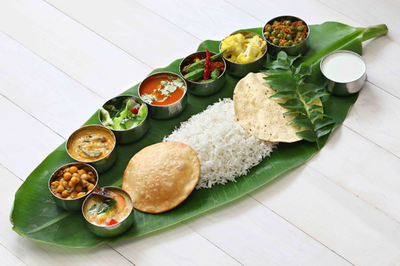 Traditional meals served on banana leaf, South India