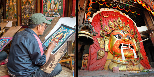 Religious painting and temple entrance, Nepal
