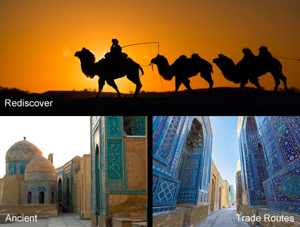 Camels at sunset and beautiful mosques in Samarkand, Uzbekistan